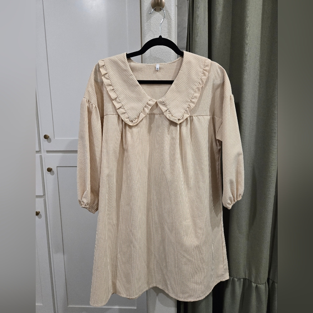 Cream Gingham Dress with Ruffled Collar